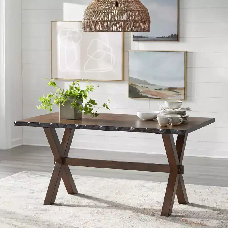 Buylateral 6Pc Mandeville Solid Wood Live Edge Dining Set with Bench Brown: Rubberwood, Ladderback Chairs