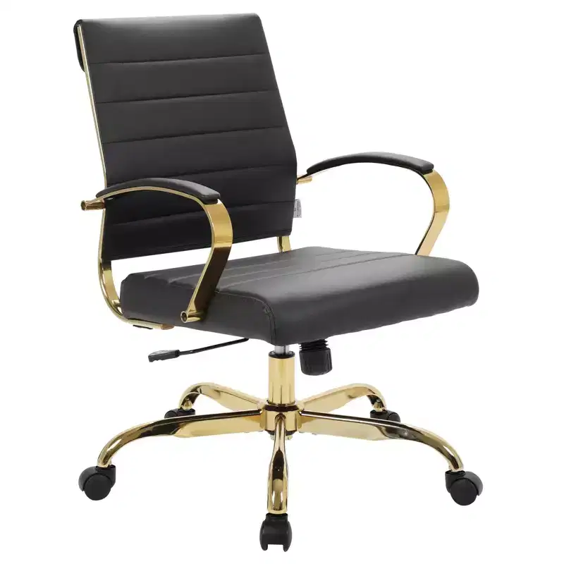 Leather Office Chair with Gold Accents, Adjustable Height, Swivel Base, Ergonomic Design