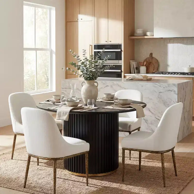 Linnea Industrial 5 Piece Upholstered Dining Chairs with Round Pedestal Dining Table