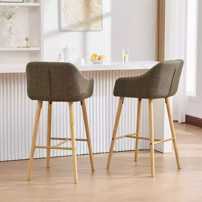 Zeus & Ruta Modern Linen Upholstery Bar Stools Set of 2 with Back, Armrest & Wood Legs, Kitchen Island Height
