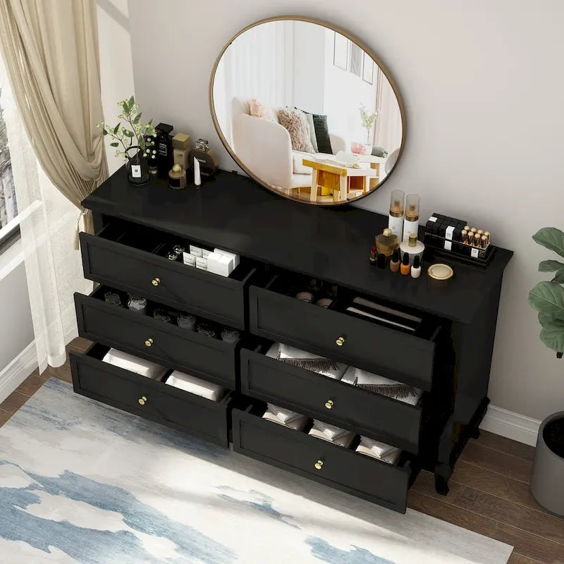 Wooden 6-Drawer Double Dresser with Deep Drawers for Bedroom