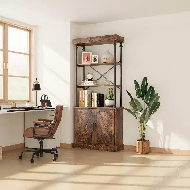 Farmhouse Bookcase with Doors, 74 Wood Bookshelf with Storage Cabinet, Vintage Open Shelf Design for Living Room, Home Office, Bedroom, Library