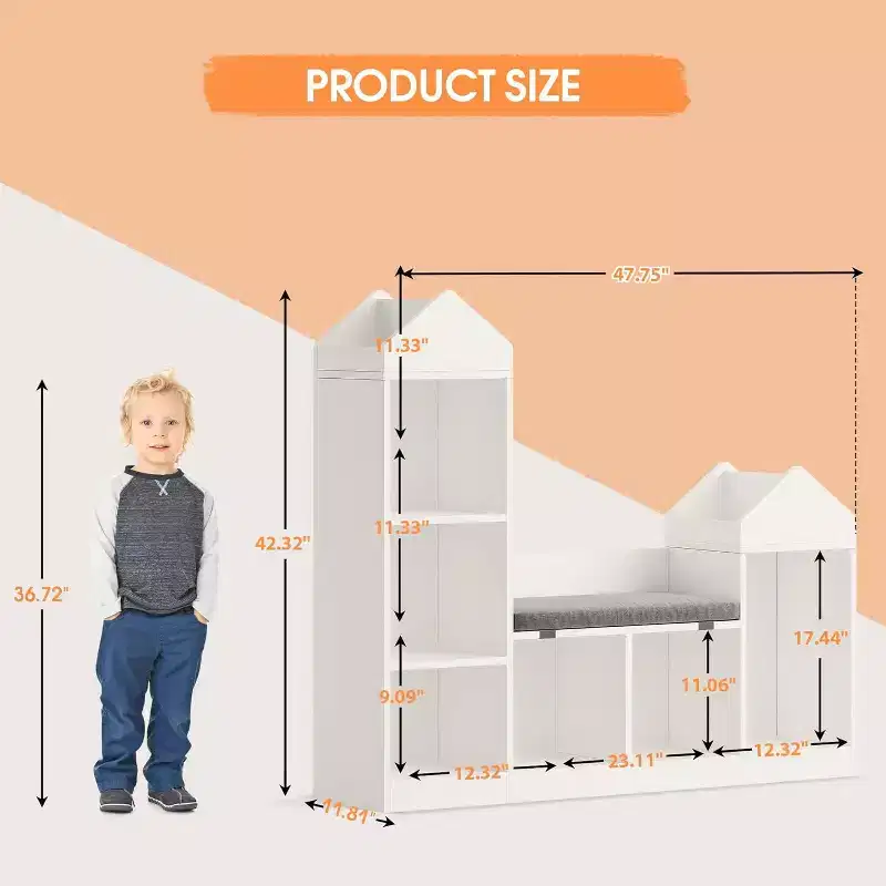 Kids Bookshelf and Storage Bench, 6-Cubby Organizer with Seat Cushion, Wooden Bookcase for Playroom, Bedroom, Reading Nook