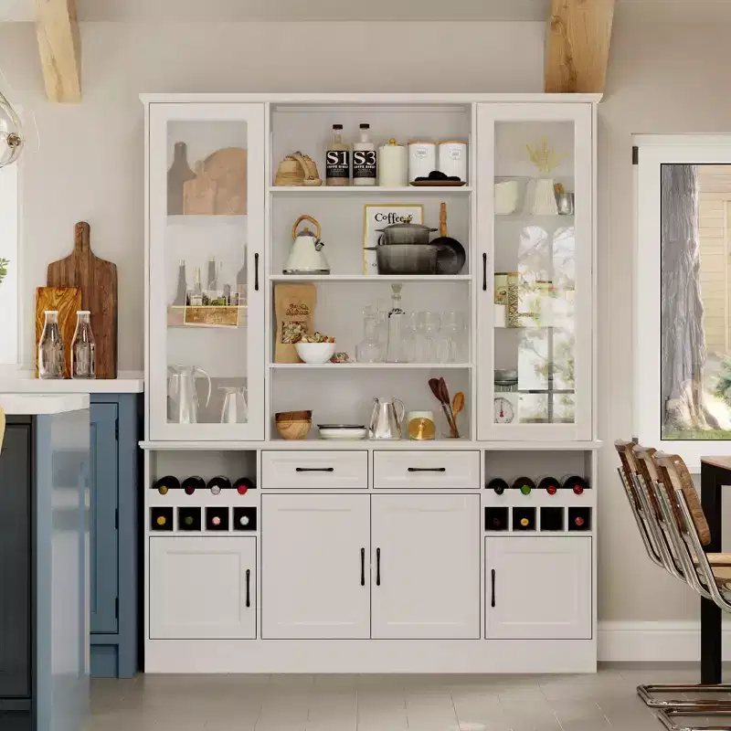 White Kitchen Cabinet with Glass Doors, Wine Rack & Multi-Storage Zones