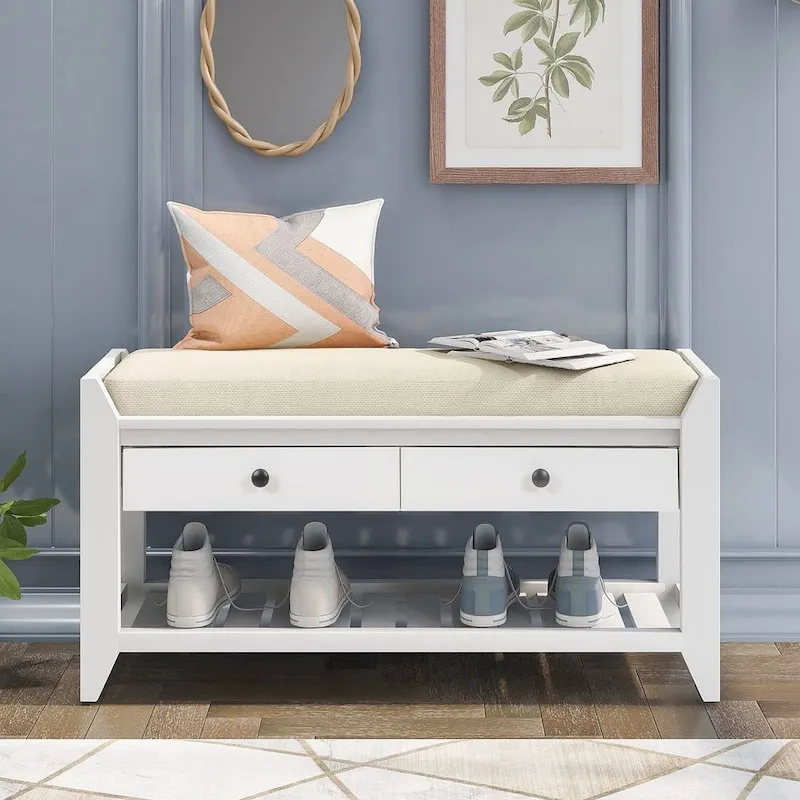 Wooden Storage Bench with Shoe Rack and Drawers