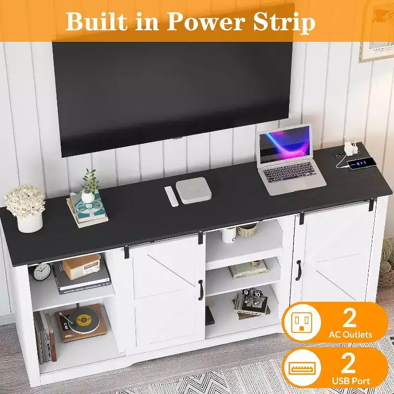 Acekool 70 Farmhouse TV Stand for TVs up to 80, Dark Grey, Sliding Barn Door Entertainment Center with Adjustable Shelves for Living Room