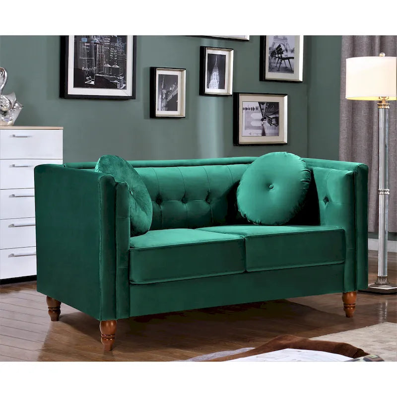 Crushed Velvet Loveseat with Button-Tufted Back and Bolster Pillows