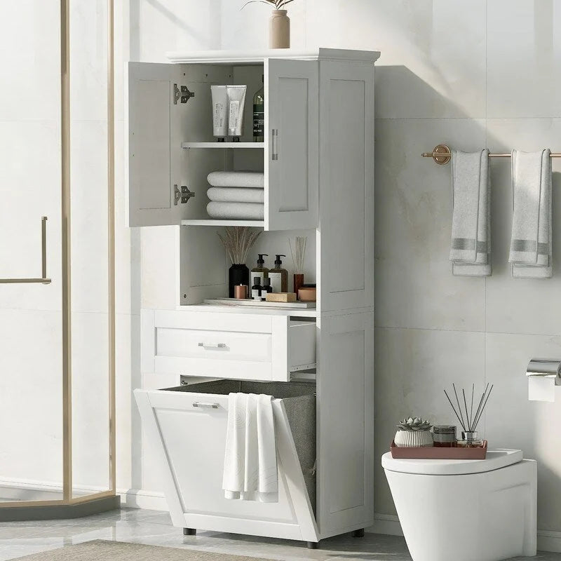 Tall Bathroom Storage Cabinet with Tilt-Out Laundry Hamper