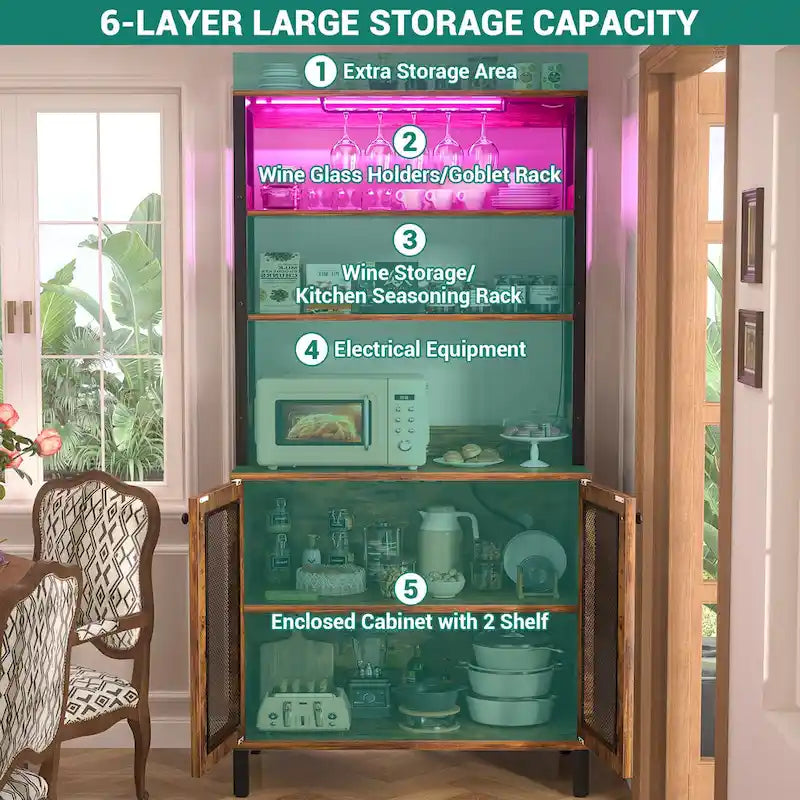 67-Inch Tall Wine Bar Cabinet with LED Lights, Glass Holder and Power Outlets
