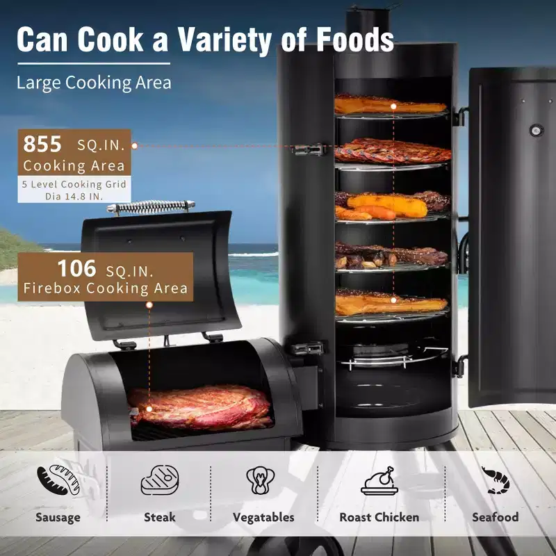 Garden GROTTO Charcoal Vertical Smoker and Offset Grill Combo  Extra Large Outdoor BBQ with 5 Removable Grates & Meat Hooks.