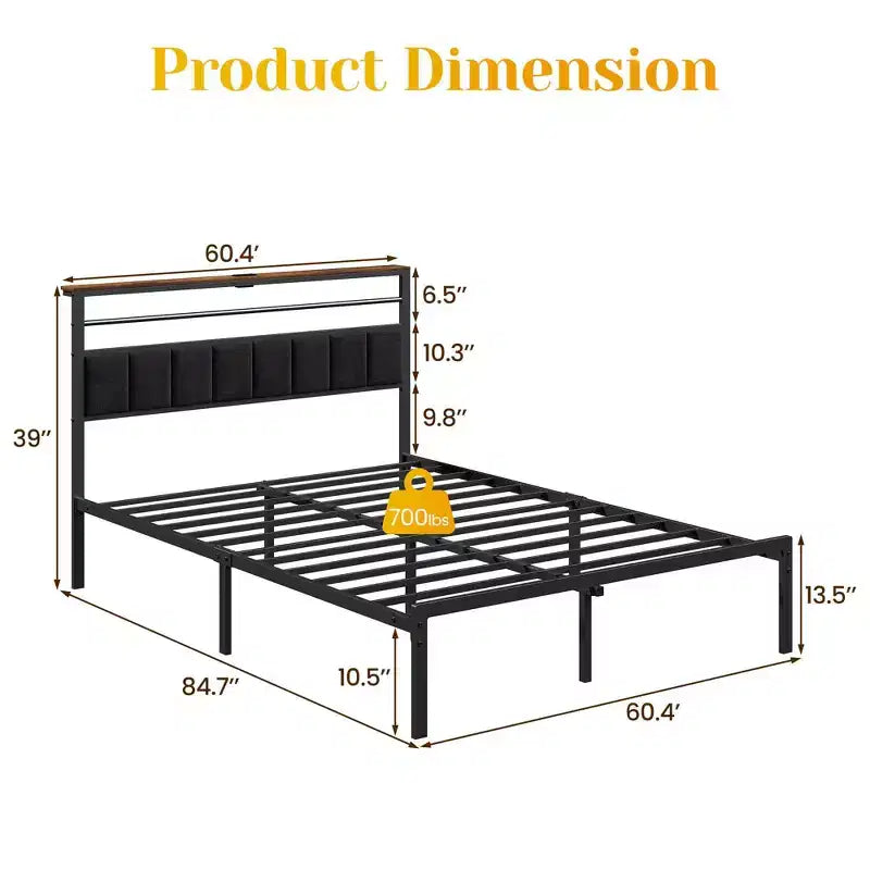 Queen Size Bed Frame with Charging Station, Platform Bed with Metal Slats, Upholstered Headboard with Storage Shelves, No Box Spring Needed