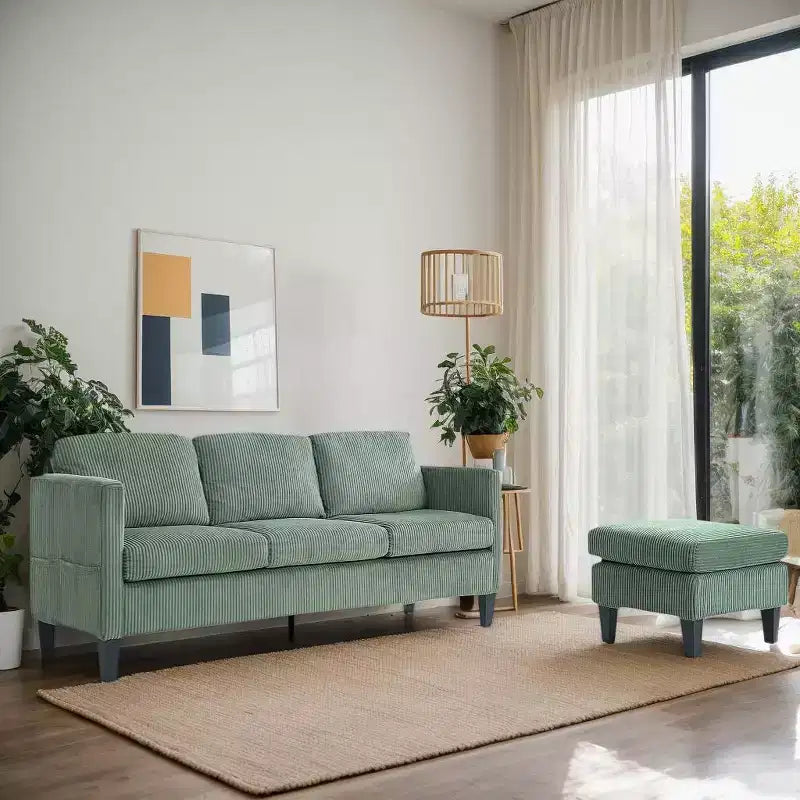 PexFix 4 Seat Velvet L-Shaped Sofa with Chaise and Padded Corduroy Multi-functional Modern Sectional Couch for Apartment Living Room Olive Green
