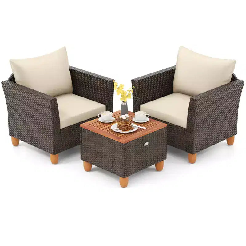 Costway 3PCS Patio Wicker Rattan Sofa Set Furniture Outdoor Acacia Wood Conversation