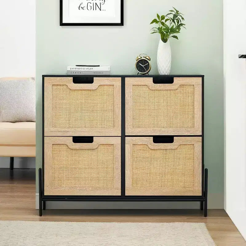 GustoWave 4-Door Freestanding Rattan Shoe Cabinet Organizer with Adjustable Shelves