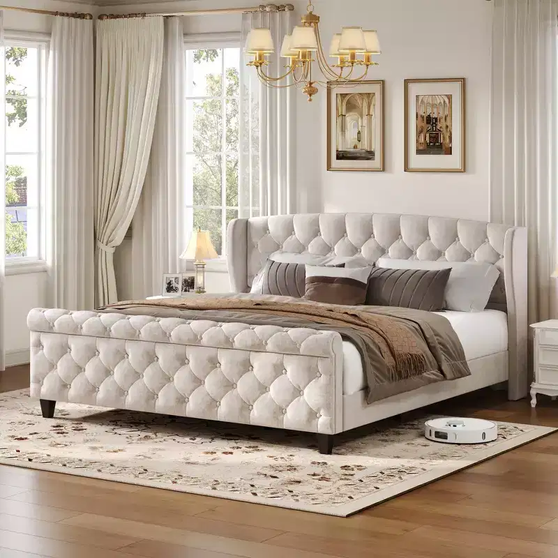 43.3 King Sleigh Platform Bed Frame with Wingback Headboard, Scroll Footboard, Button Tufted Velvet