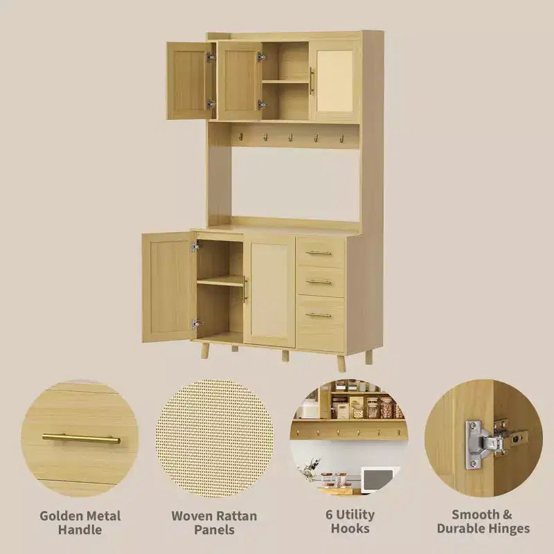 Rattan Pantry Cabinet,71Pantry with Microwave Stand, Freestanding Hutch with Drawers,Hooks,Storage Cabinet for Dining Room, Kitchen, Living Room