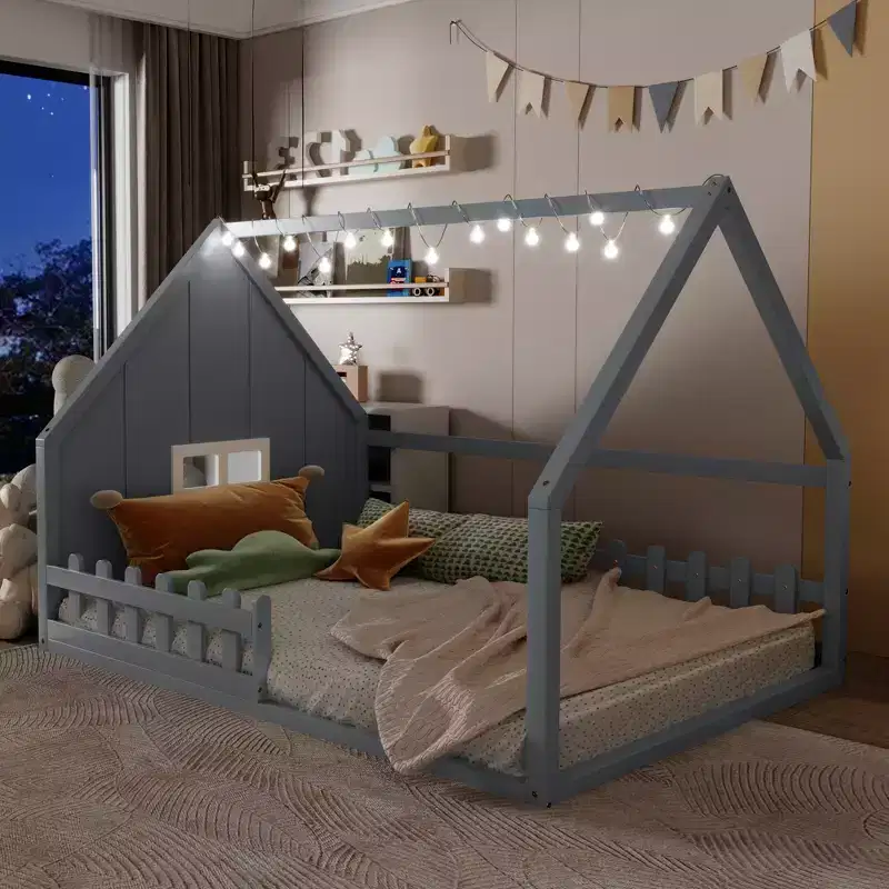 Full Size Floor Bed for Kids, Wood Montessori Bed with Fence & LED Light, Full House Bed with Window and Roof for Girls & Boys