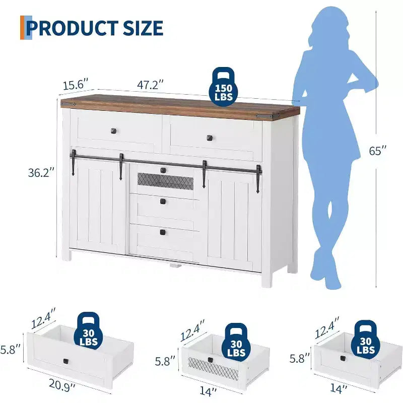 Farmhouse 5 Drawers Dresser for Bedroom with Sliding Barn Doors, 47 Wood Dresser & Chest of Drawers, Rustic TV Stand, for Home Office