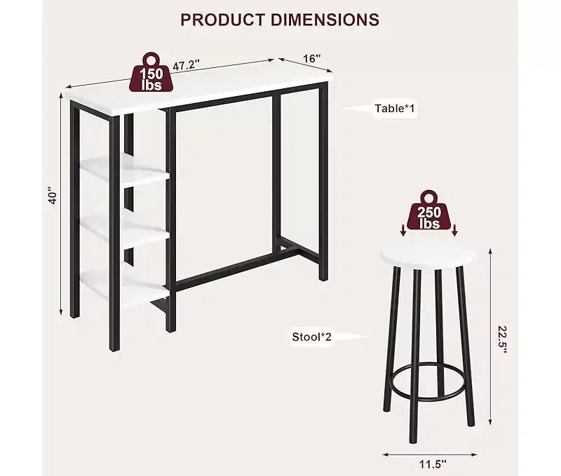 Counter Height Dining Table Set with 3 Storage Shelves, 3 Piece, 47.2L x 16W x 40H, Kitchen, Dining Room