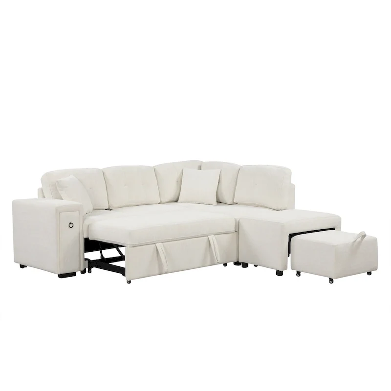 L-Shaped 4-Seat Sectional Sofa with Pull-Out Bed, Ottoman, USB Ports & Drop-Down Table