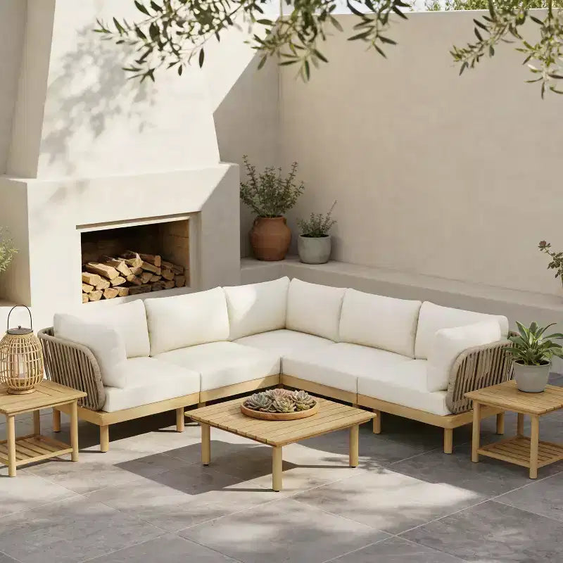 Christopher Knight Home Mason Modern 6-Piece Acacia Wood and Rope L-Shaped Modular Sectional Sofa Set with Coffee Table