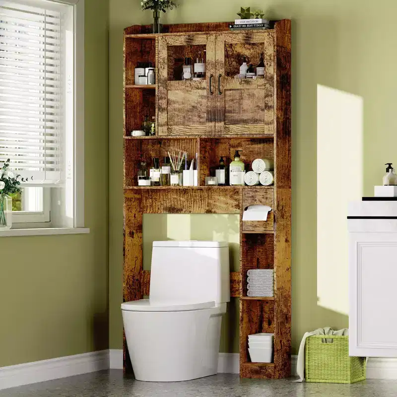 Over the Toilet Storage Cabinet with Adjustable Shelves, Modern Bathroom Organizer Unit with Tempered Glass Door & Open Shelving