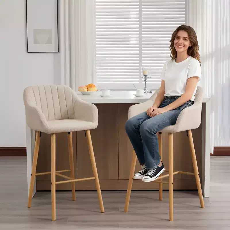 Zeus & Ruta Modern Linen Upholstery Bar Stools Set of 2 with Back, Armrest & Wood Legs, Kitchen Island Height
