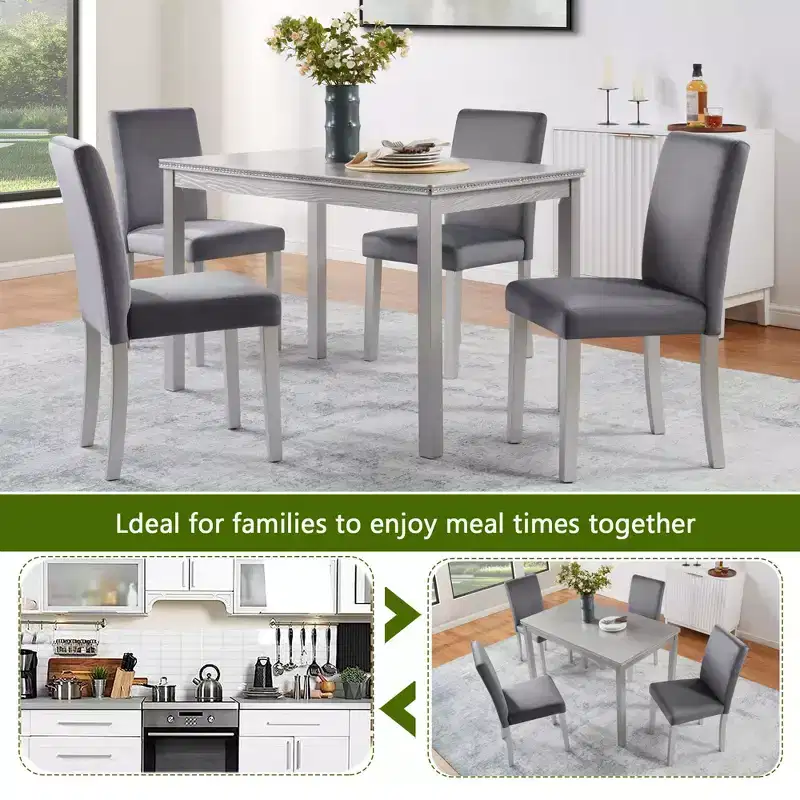 5 Piece Kitchen Table Set with a Rectangular Table and 4 Upholstered Chairs, Wooden Dining Room Table with Crystal Decoration and Chairs Set