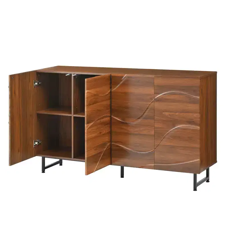 59 Modern Solid Wood Sideboard with Wave Relief & Iron Legs