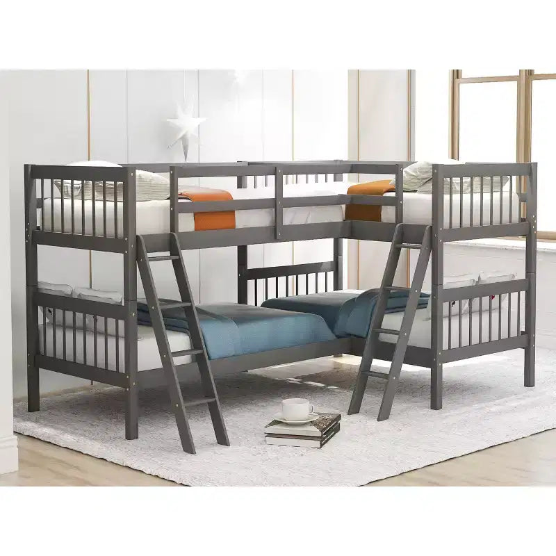 Twin-Over-Twin L-Shaped Bunk Bed with Ladder