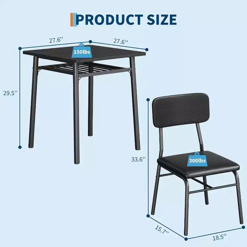 Dining Table for 2 with Storage Rack and Metal Frame, Square Table with Upholstered Chairs Set of 2, 3-Piece Dining Room Set for Home