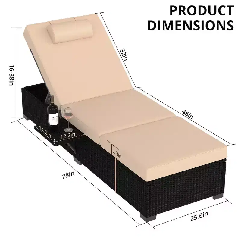 Patio Chaise Lounge Chair, 5-Positions Adjustable Wicker Outdoor Lounge Chairs with Side Table for Poolside, Deck