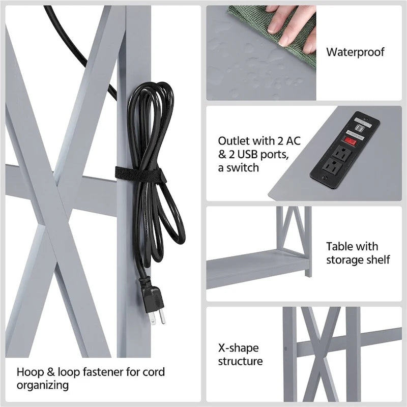 2-Tier Narrow Sofa Console Table with Built-In Power Outlet