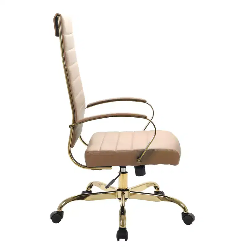LeisureMod Benmar High-Back Ribbed Leather Office Chair - Modern Swivel & Tilt Executive Desk Chair - Gold Base