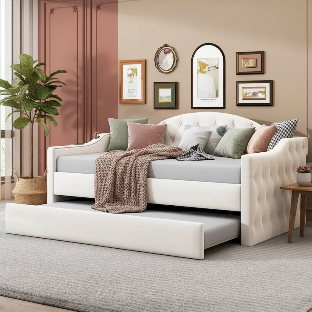 Twin Size Tufted Upholstered Daybed with Trundle �C Velvet Sofa Bed with USB & Type-C Charging Ports, No Box Spring Needed