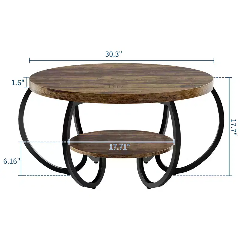 COZONY 30 Round Farmhouse Coffee Table with Storage Shelf, 2 Tier Rustic Wood Center Table with Curved Metal Legs, Living Room, Small Spaces