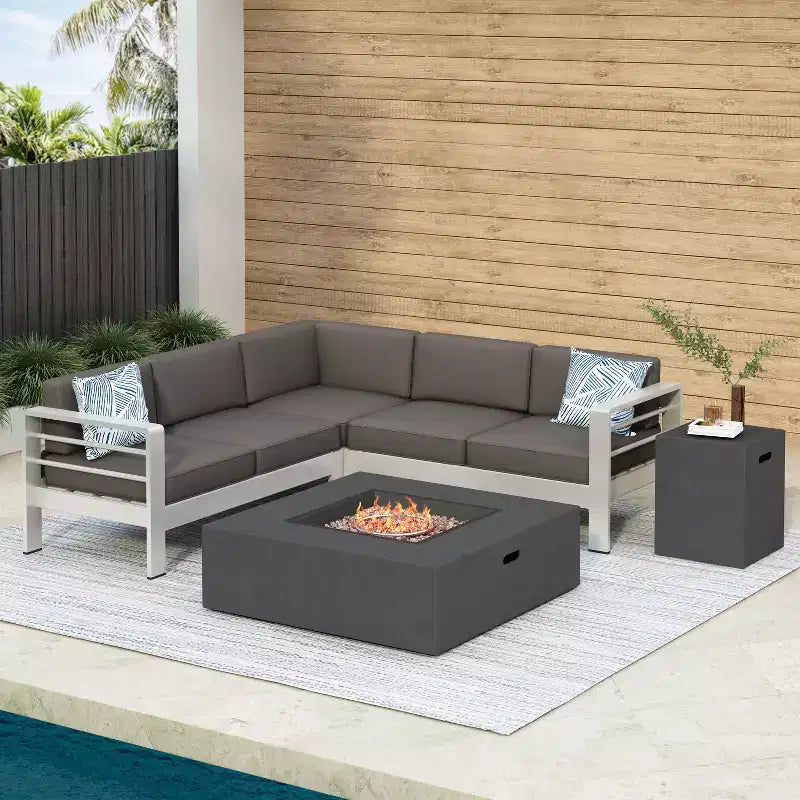 GDFStudio Crested Bay Outdoor Aluminum 5 Piece Sectional Sofa with 50,000 BTU Fire Pit