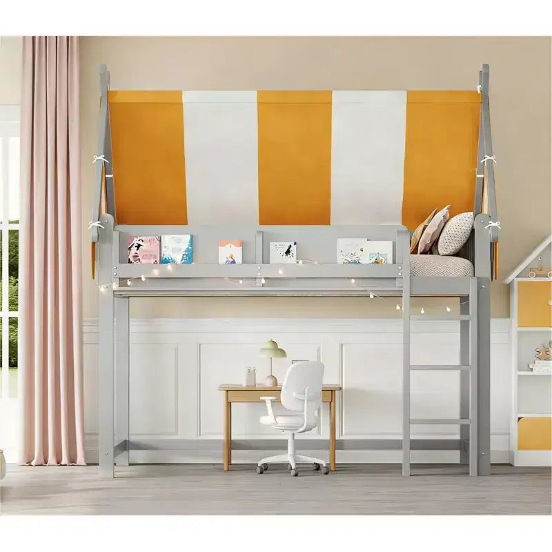 Bellemave Loft Bed with LED Light & Bookshelf, House-style Bed Frame with Yellow & White Stripe Tent.