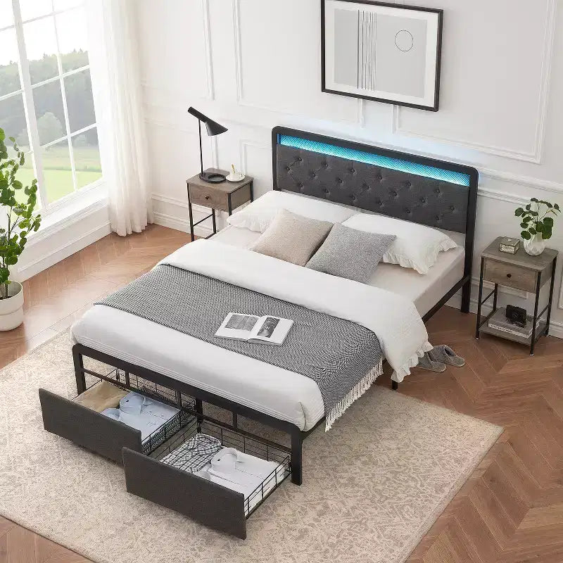 Modern Storage Bed Frame with LED Headboard - Upholstered Platform, Button Tufted, 2 Drawers, Heavy Duty Metal Slats, Noise-Free, Easy Assembly
