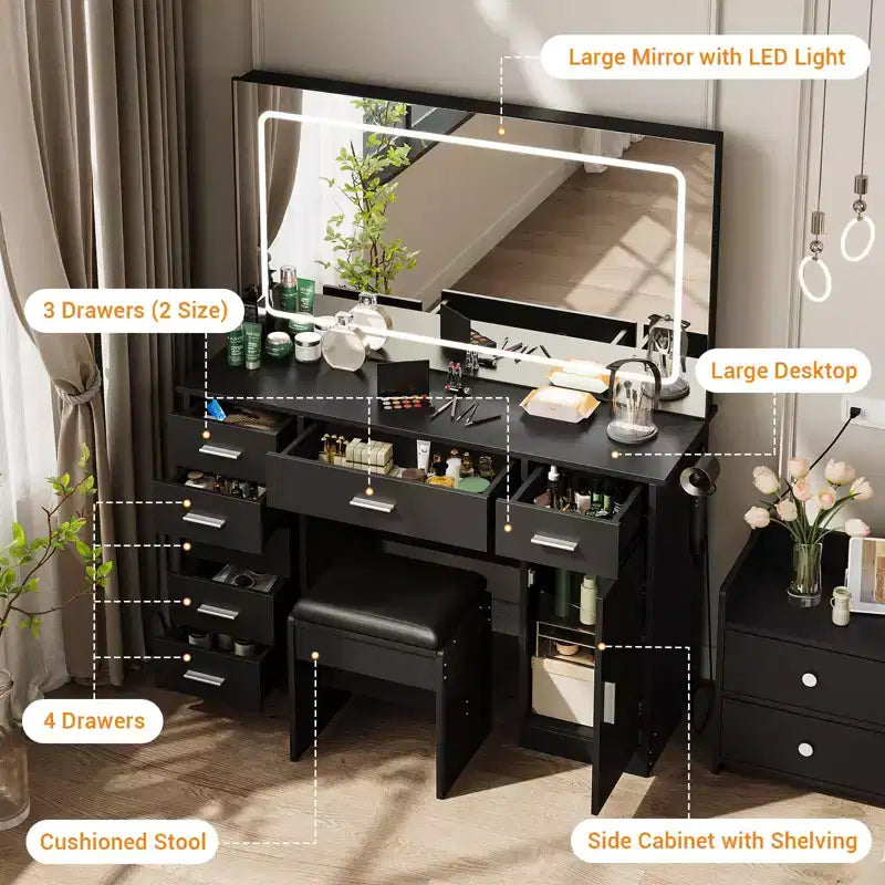 Modern Vanity Desk with 7 Drawers and Mirror, Makeup Vanity Set with Lights, Hair Dryer Holder, for Bedroom, Home