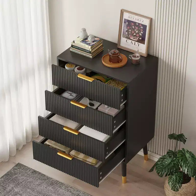Dresser for Bedroom, 4-Drawer Modern Storage Chest with Gold Handles & Metal Legs, Small Fluted Nightstand