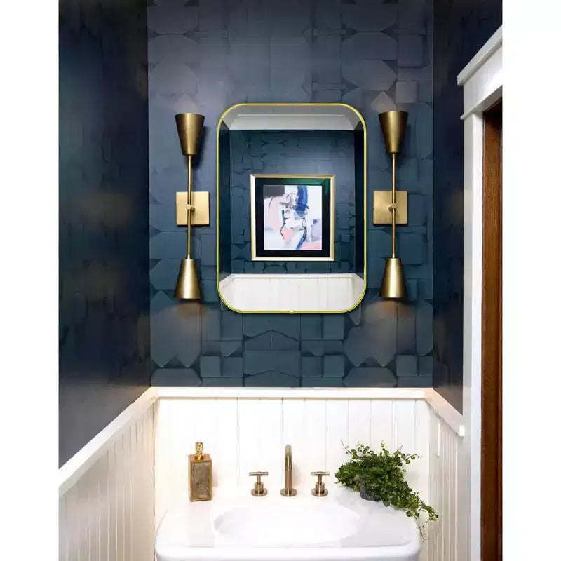 Small Contemporary Rounded Rectangular Framed Wall Mounted Bathroom Vanity Mirror in Gold