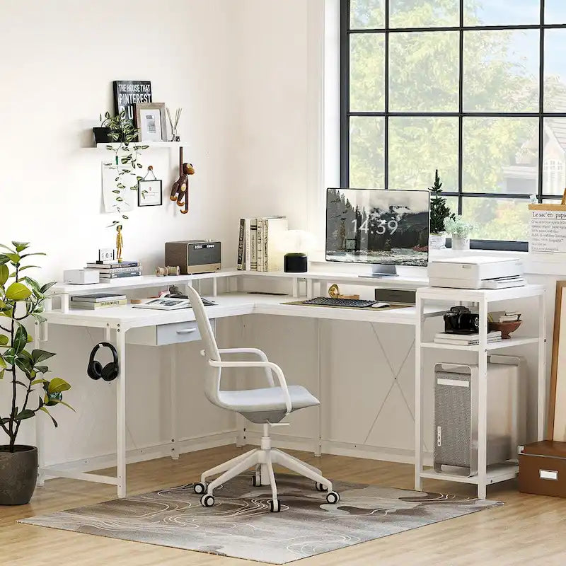 L-Shaped Desk with LED Lights & Power Outlet