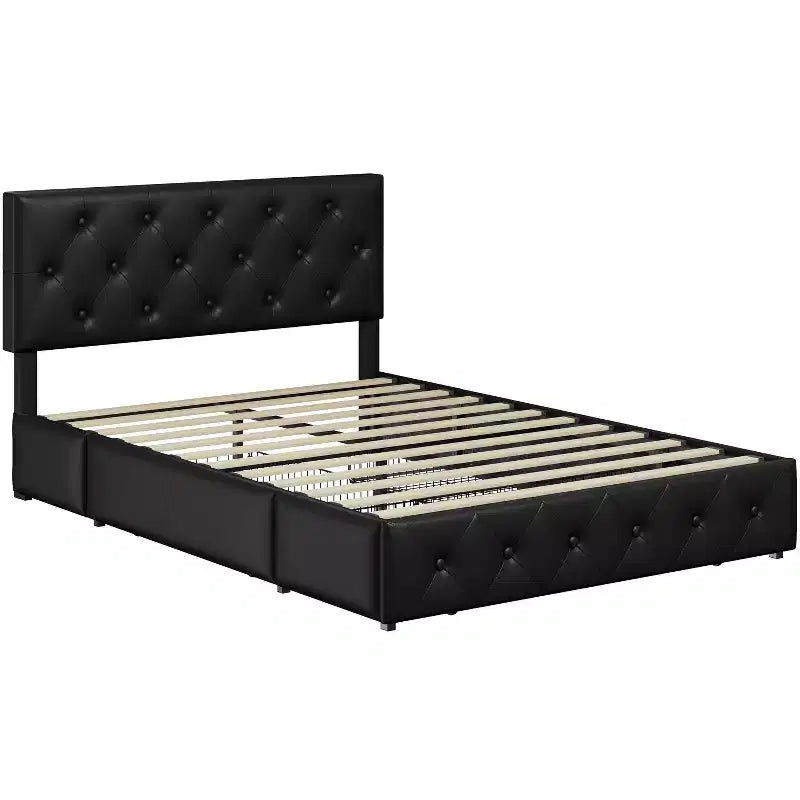 Yaheetech Upholstered Bedframe with Diamond Button Tufted Adjustable Headboard and 3 Storage Drawers
