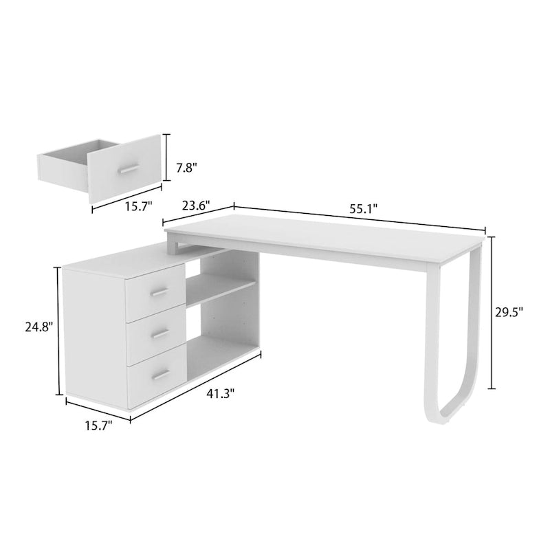 55-inch L Shaped Office Computer Desk with Drawers