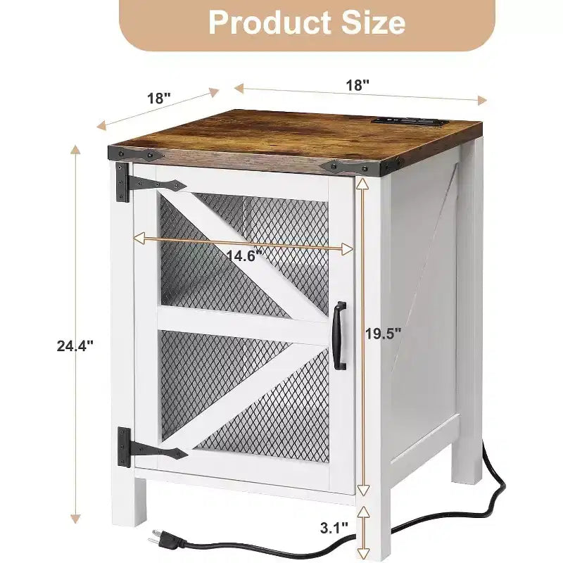 COZONY 24 Farmhouse Nightstand with Charging Station, Barn Door Adjustable Shelf, Rustic End Table for Bedroom Living Room