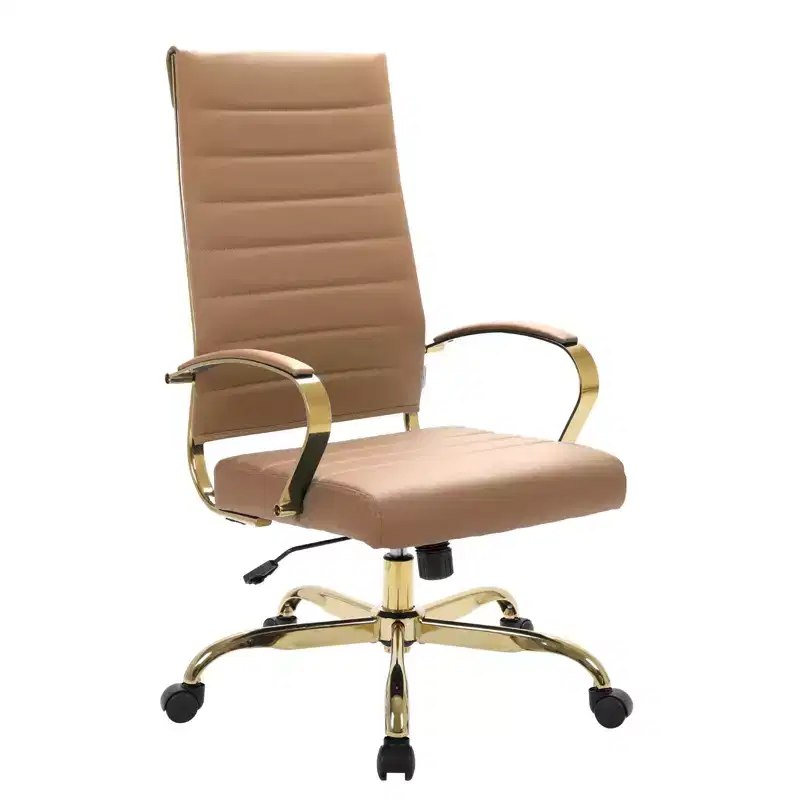LeisureMod Benmar High-Back Ribbed Leather Office Chair - Modern Swivel & Tilt Executive Desk Chair - Gold Base