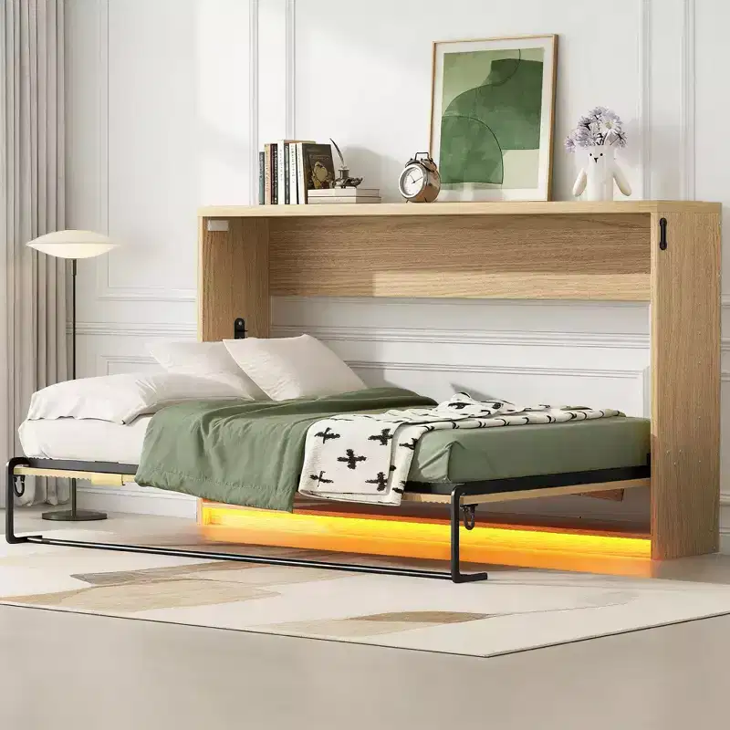 Luxystar Twin XL Size Cabinet-style Murphy Bed with LED Light for Living Room and Apartment, Nature