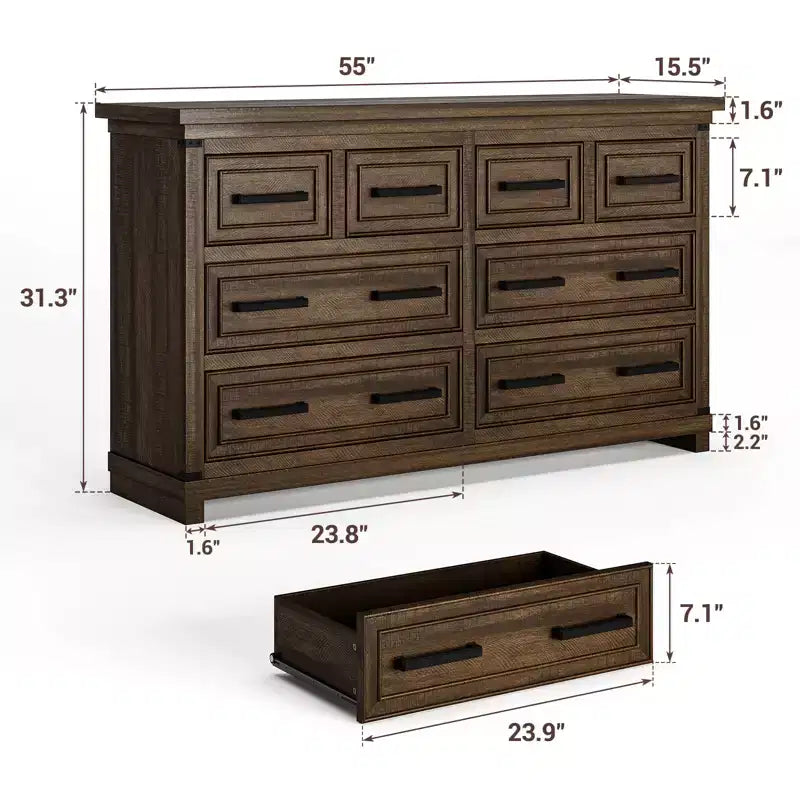 8 Drawer Dresser, 55 Inch Wide Dresser for Bedroom, Farmhouse Chest of Drawer with Metal Handle, Natural Wood Texture Dresser Cabinet