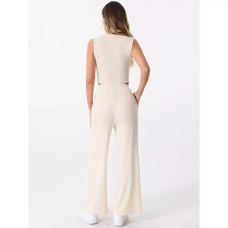 Allegra K Women's 2 Piece Crew Neck Sleeveless Crop Tank and Wide Leg Pants Summer Lounge Set